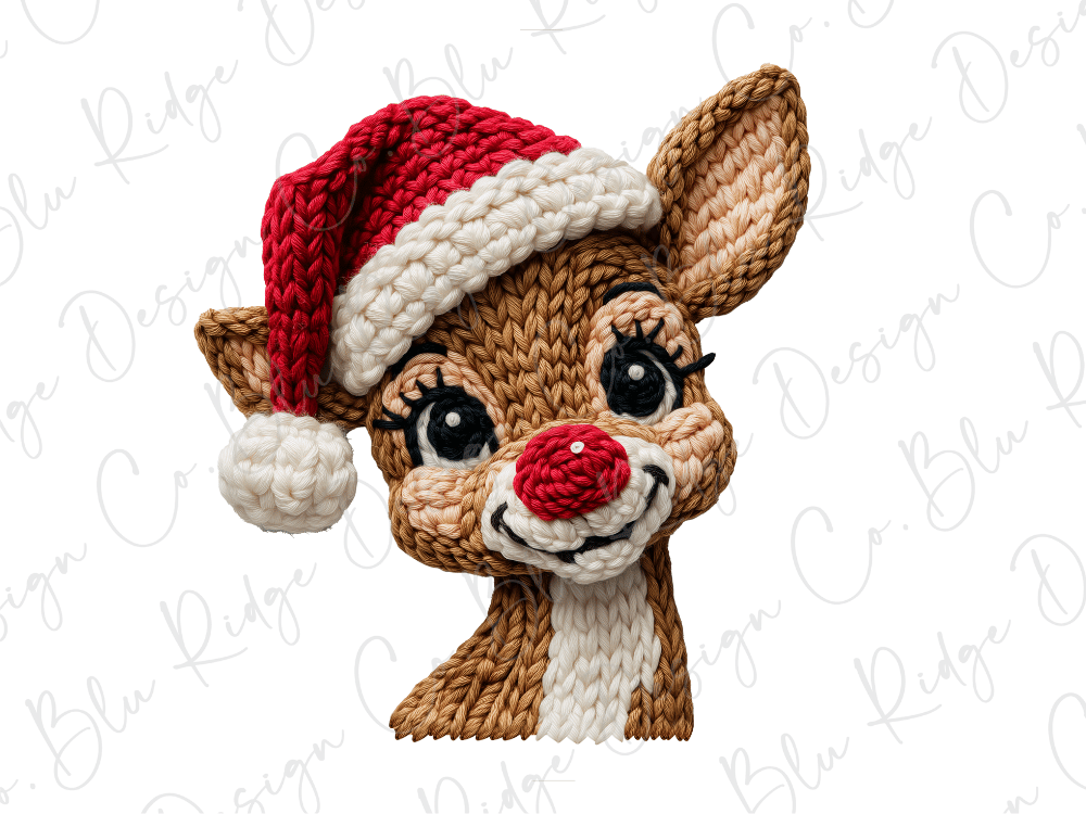 A close-up of a knitted reindeer wearing a red Santa hat and smiling.