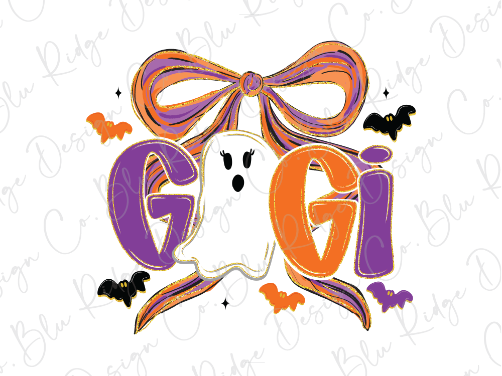 A Halloween-themed graphic design featuring a ghost with a bow, bats, and the name "Gigi" in a stylized font.
