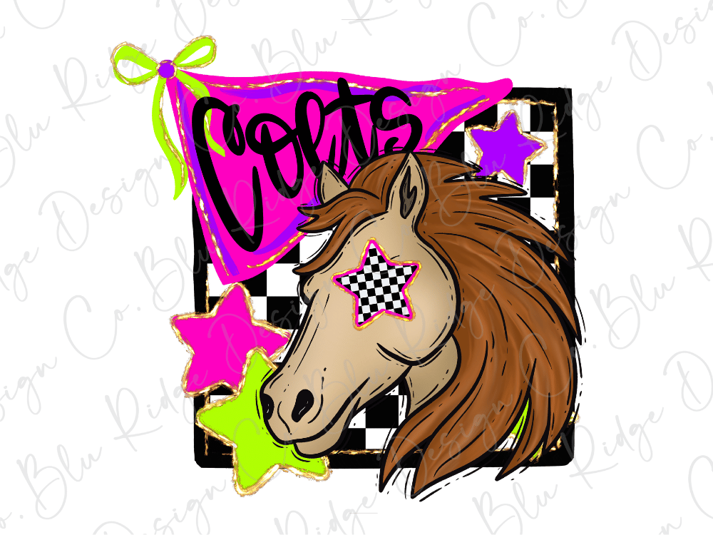 A stylized illustration of a horse with a checkered star on its face, surrounded by colorful stars and a pink banner with the word "Celtics".