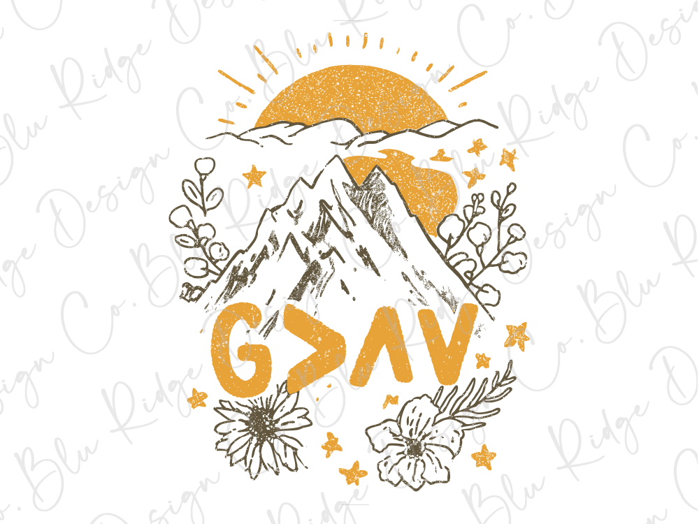 a stylized mountain landscape with a sun and clouds, surrounded by flowers and stars. The text "G" is prominently displayed in the center of the image.