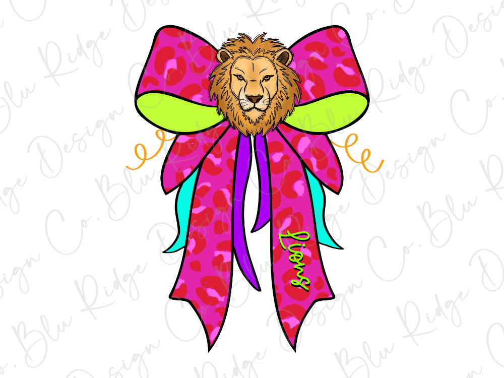 A colorful illustration of a lion's head wearing a large pink bow with a leopard print pattern.