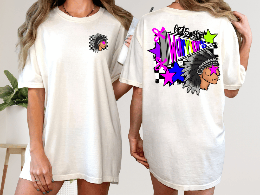 A white t-shirt with a colorful graphic design on the back, featuring a Native American headdress and stars.