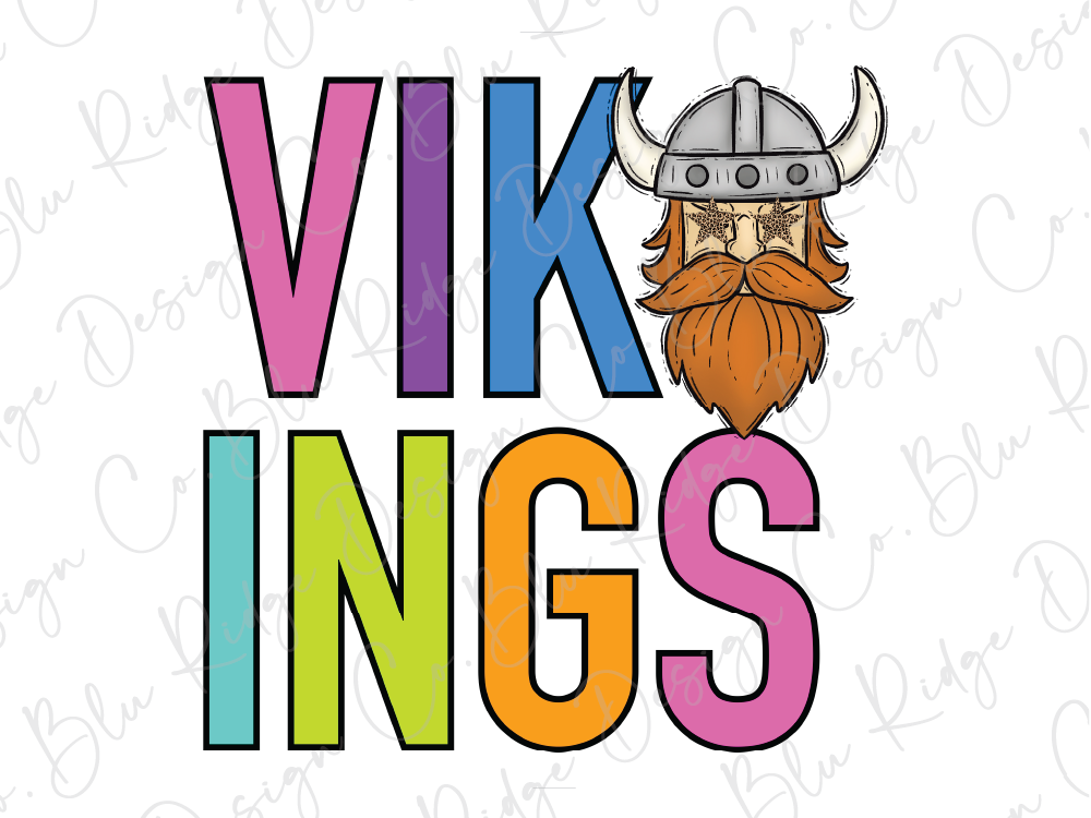 a colorful Viking helmet with horns and a beard, along with the text "VIKINGS" in a playful and stylized font.