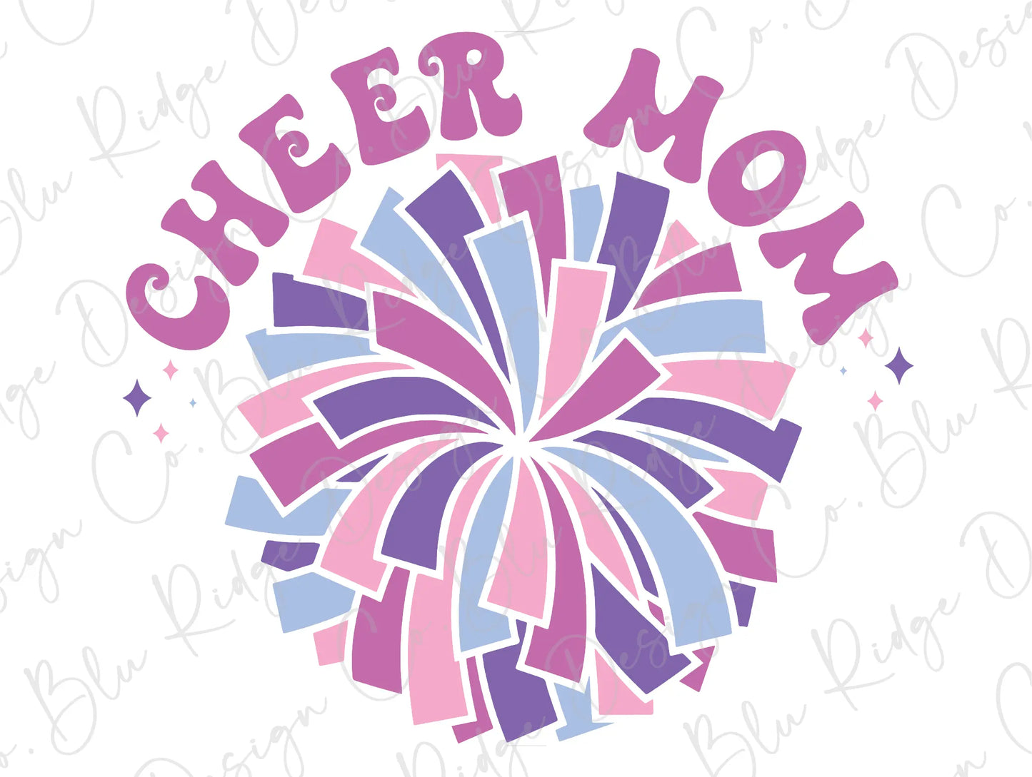 the cheer mom logo with a pink, blue, and purple design