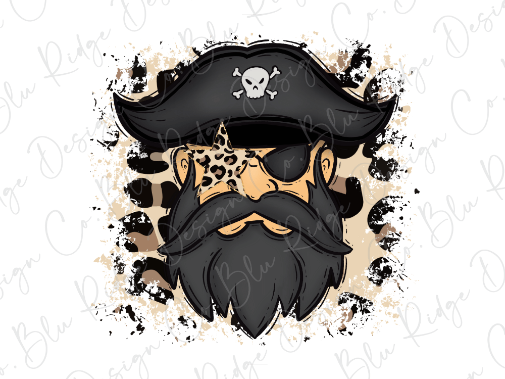 A pirate face with a black hat and a leopard print beard, surrounded by splatter-like elements.