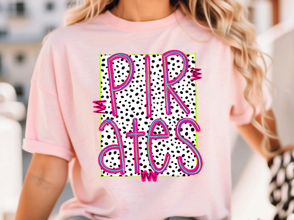 A woman wearing a pink t-shirt with the text "PIRATES" printed on it.