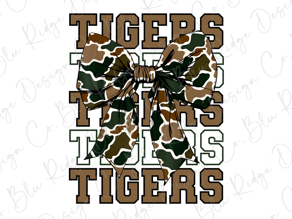 A camouflage bow with the word "TIGERS" written in a bold, capitalized font.