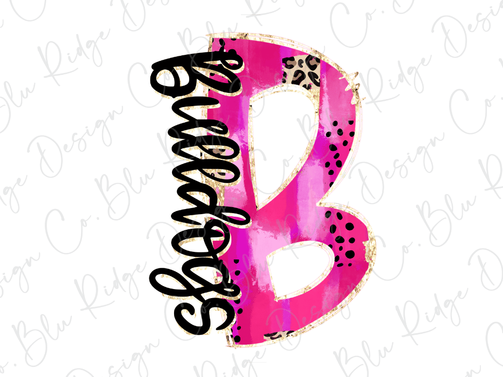 A pink and black design resembling a stylized letter "B" with various decorative elements such as polka dots and leopard print patterns.