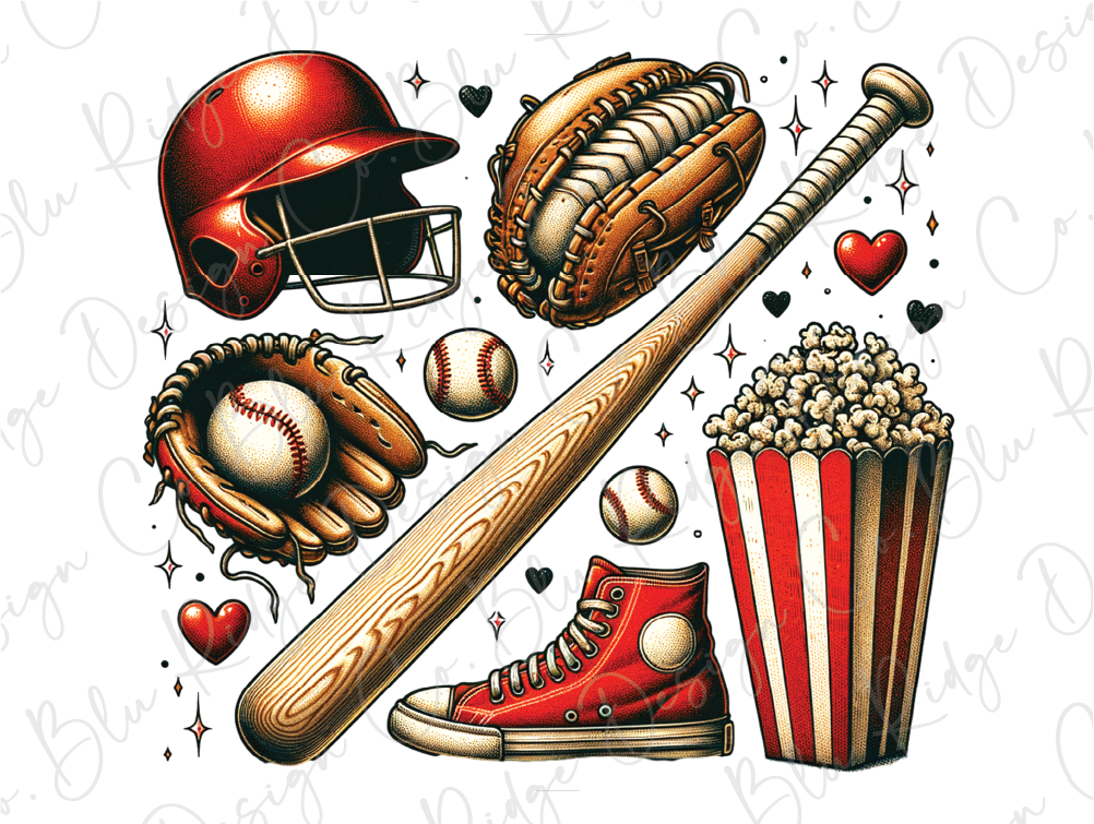 a drawing of a baseball bat, glove, ball, and popcorn