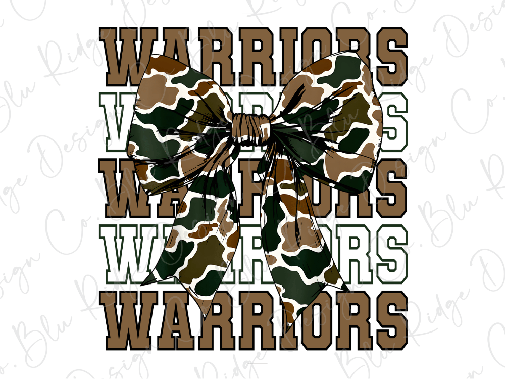 A camouflage bow with the word "WARRIORS" written in a repeating pattern of brown and green letters.