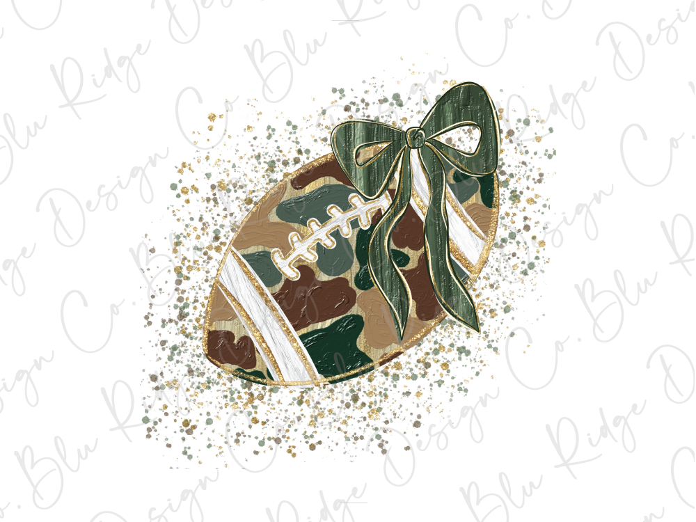 A camouflage football with a green ribbon tied around it, surrounded by scattered gold glitter.