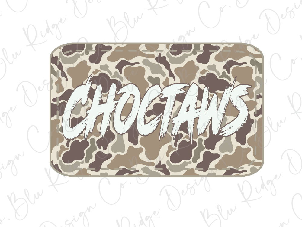 A camouflage-patterned rectangular object with the word "CHOCTAW" written in a stylized, graffiti-like font.