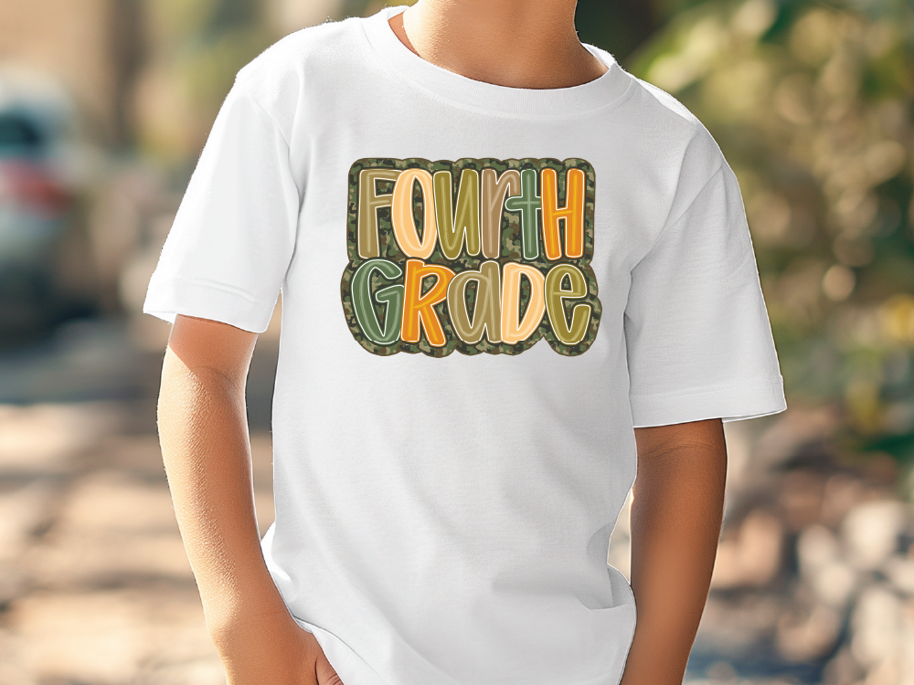 a young boy wearing a white t - shirt that says fourth grade
