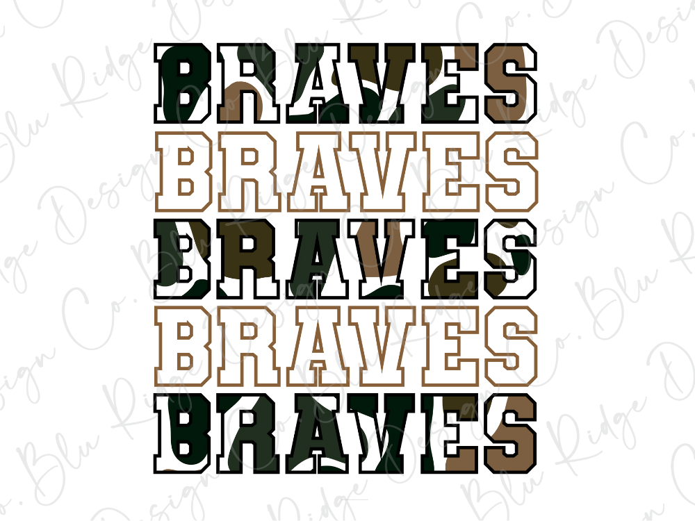 the word "Braves" repeated in various sizes and orientations, creating a visually striking and textured effect.