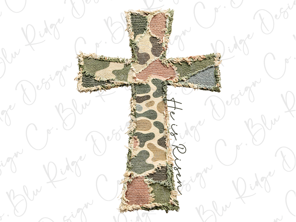 A camouflage-patterned cross-shaped object with a textured appearance, resembling a patchwork or quilted design.