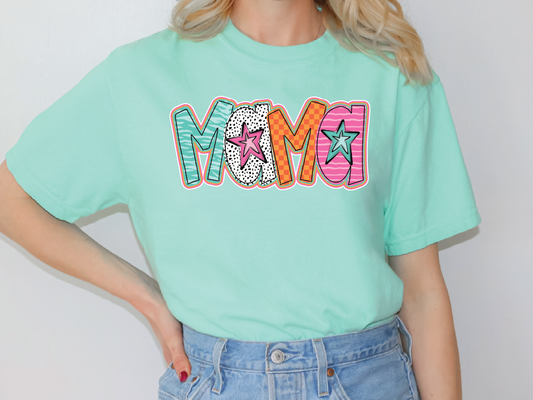 a woman wearing a green mom t - shirt