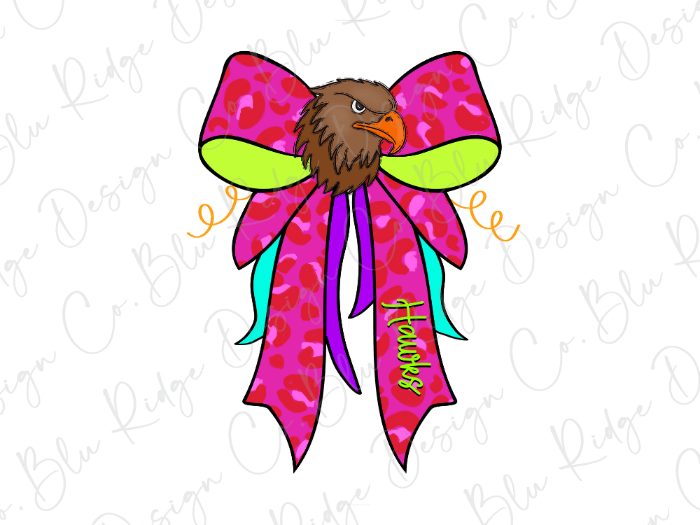 A colorful bow with a brown eagle head is prominently displayed against a white background.