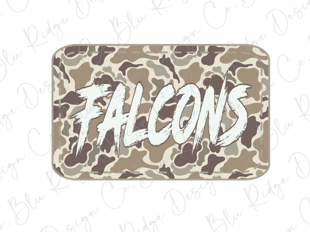 A camouflage-patterned rectangular sign with the word "FALCONS" written in bold, white letters.