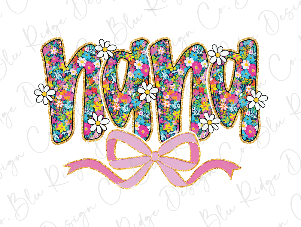the word mom is decorated with flowers and a bow