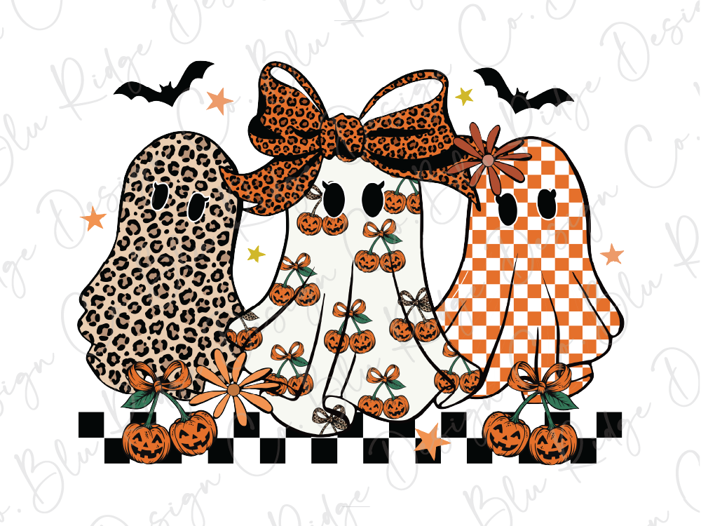 three whimsical ghost characters with unique features, such as leopard print patterns, bows, and pumpkin decorations, set against a white background with bats and stars.
