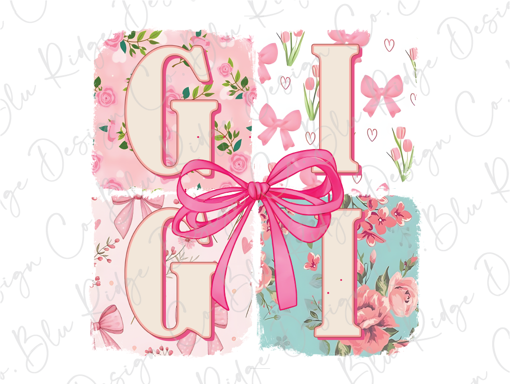 the letter g is decorated with pink flowers and a bow