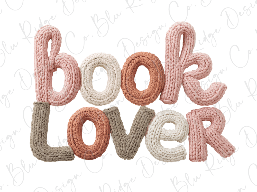 the word "Book Lover" made up of knitted letters in various colors, including pink, brown, and white.