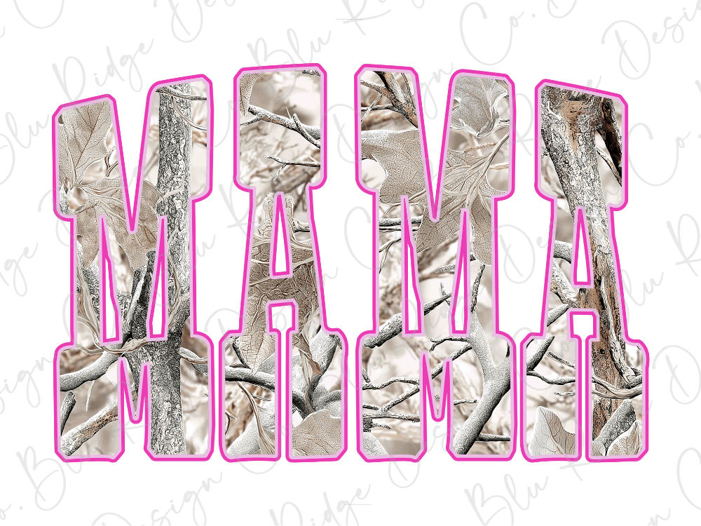 the word "MAMA" formed by the silhouettes of trees and branches, with the letters being pink and white.