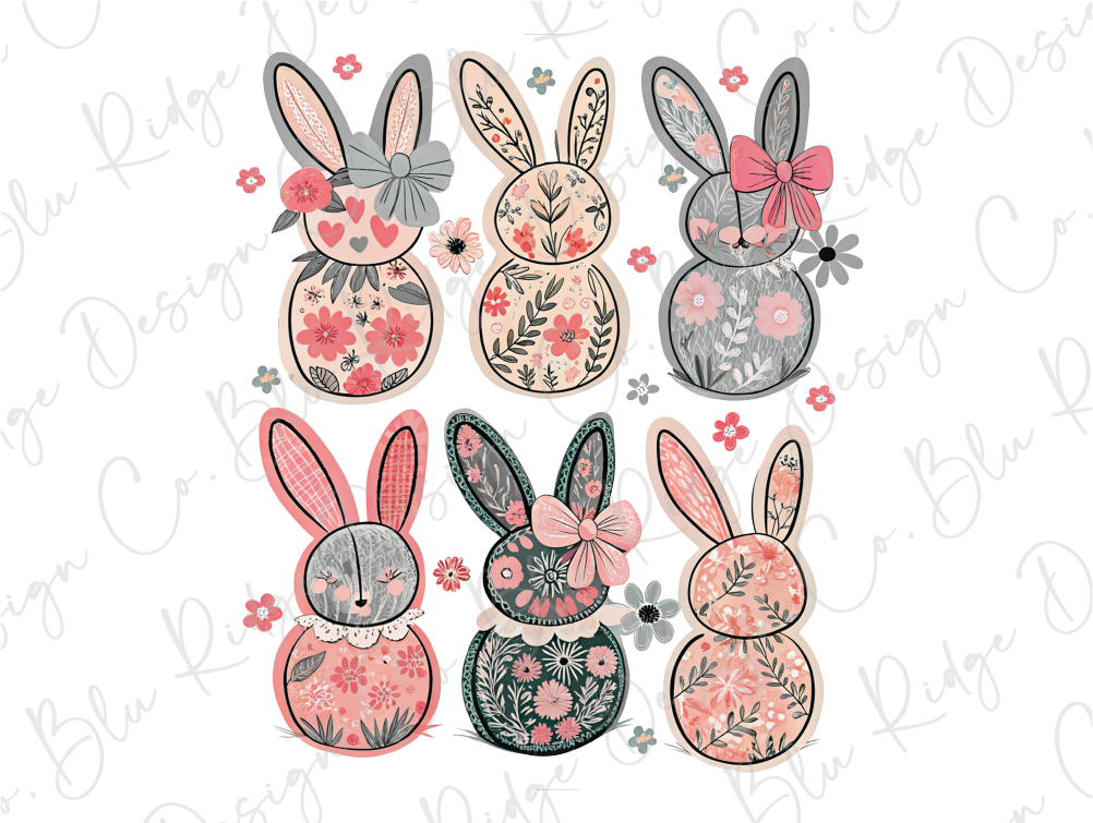 a bunch of cute little bunnies with flowers on them