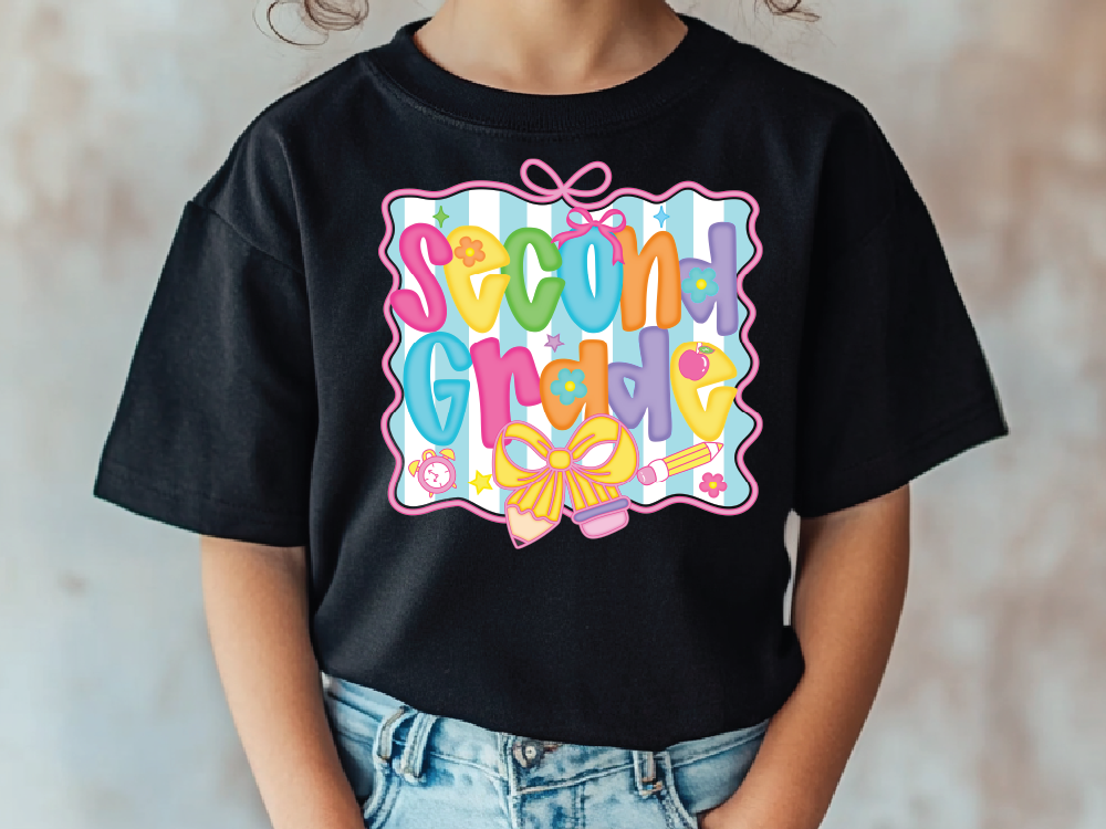 a young girl wearing a black t - shirt with a colorful design