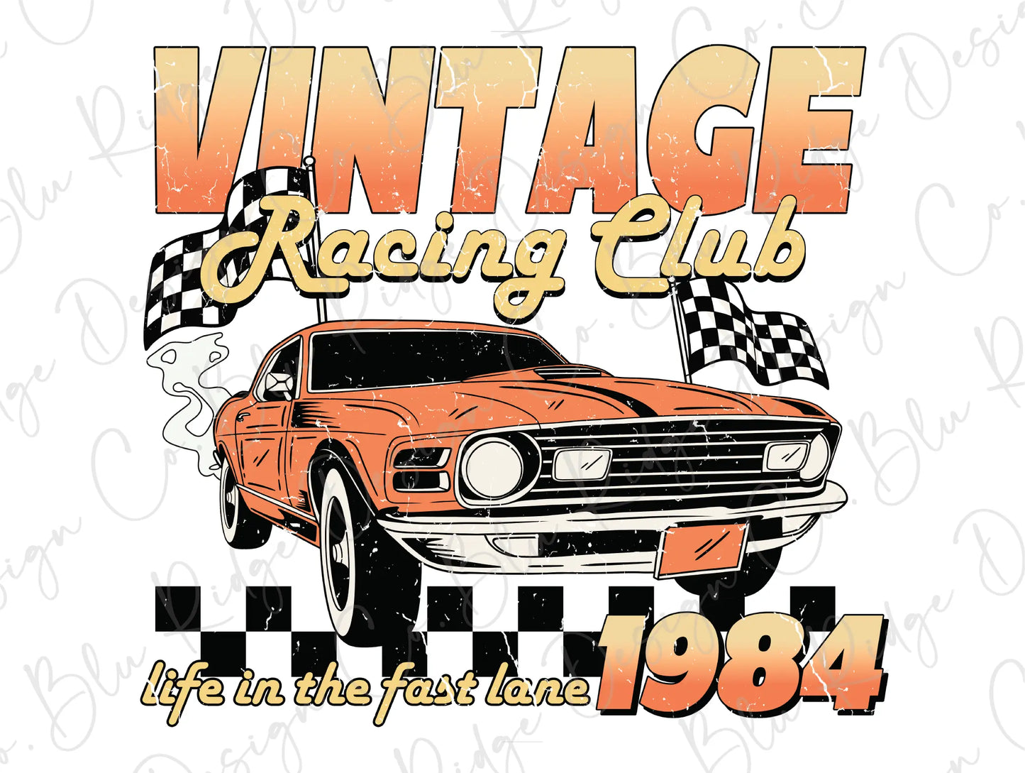 a vintage racing club car with a checkered flag
