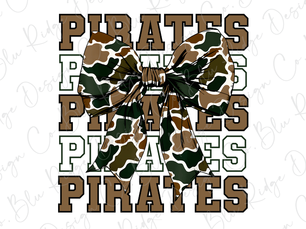 a large camouflage bow with the word "PIRATES" written in a repeating pattern of brown and green letters.