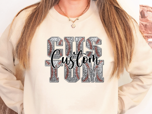 a woman wearing a sweatshirt with the word custom printed on it