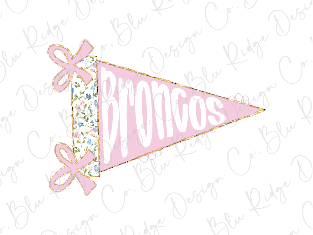 A pink triangular flag with the word "Prunos" written on it, along with two pink bows.