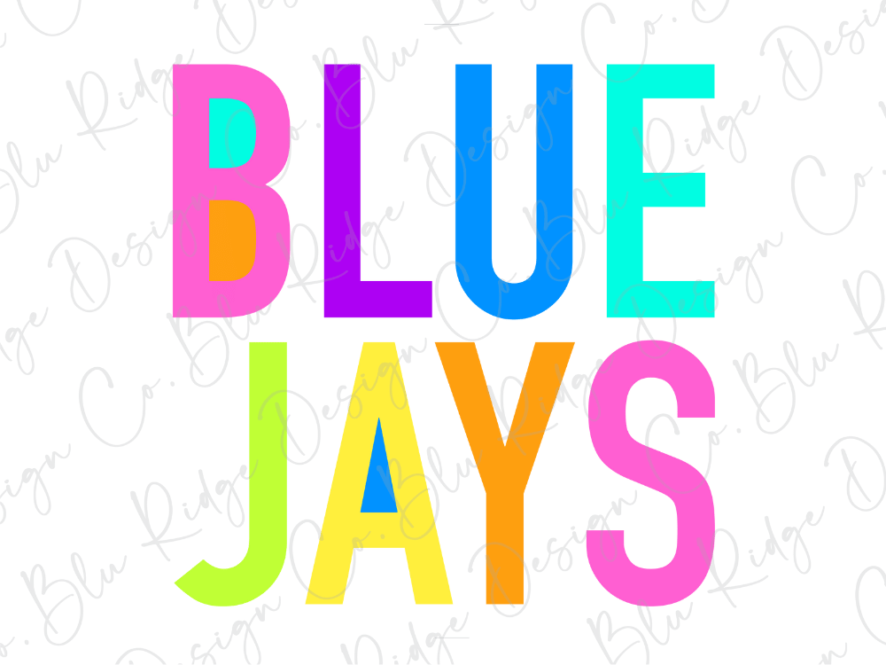 the text "BLUE JAYS" in a colorful, stylized font.