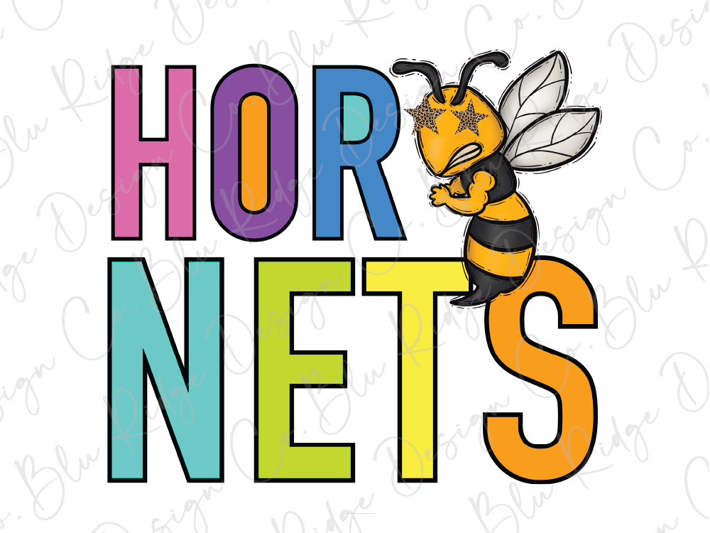 a colorful and playful representation of the word "HORNS" with a bee-like character or mascot.