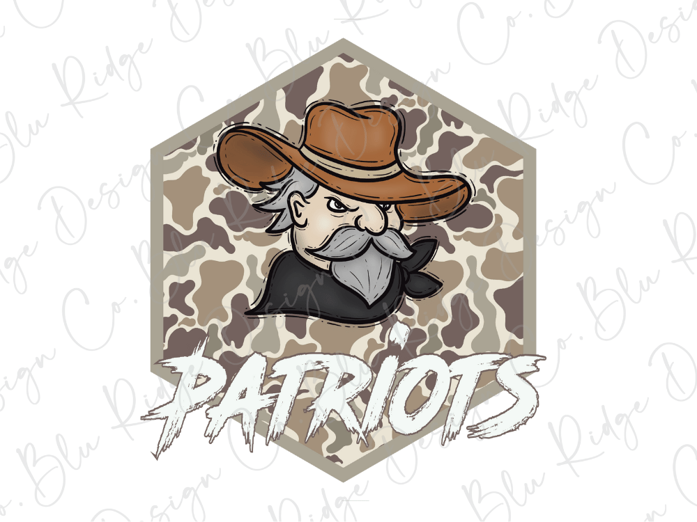 A cartoon illustration of a man wearing a cowboy hat and a scarf, with the word "Patriots" written below the image.
