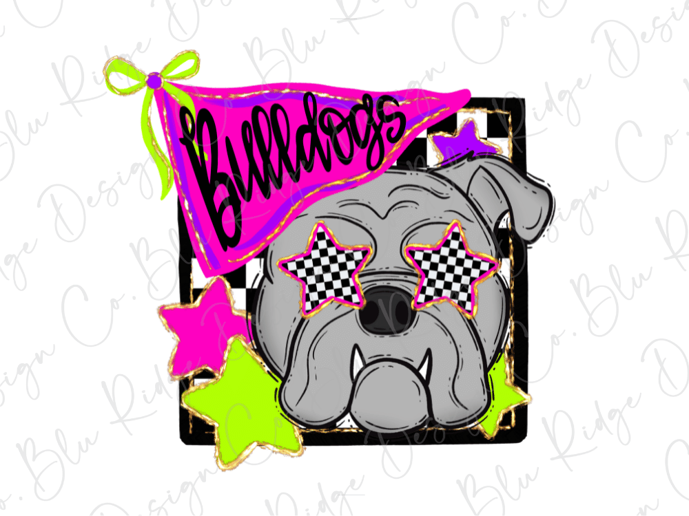 A cartoon illustration of a bulldog wearing sunglasses with checkered stars, surrounded by a pink banner with the word "Bulldogs" written on it.