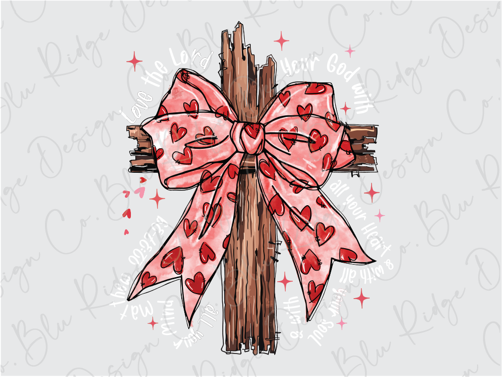 a cross with a pink bow and hearts on it
