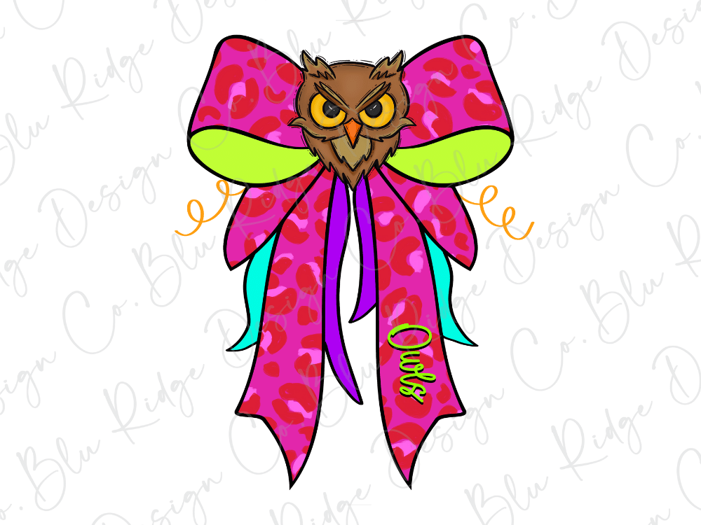 A colorful bow with an owl design, featuring a pink and green pattern and the word "Ours" written on it.
