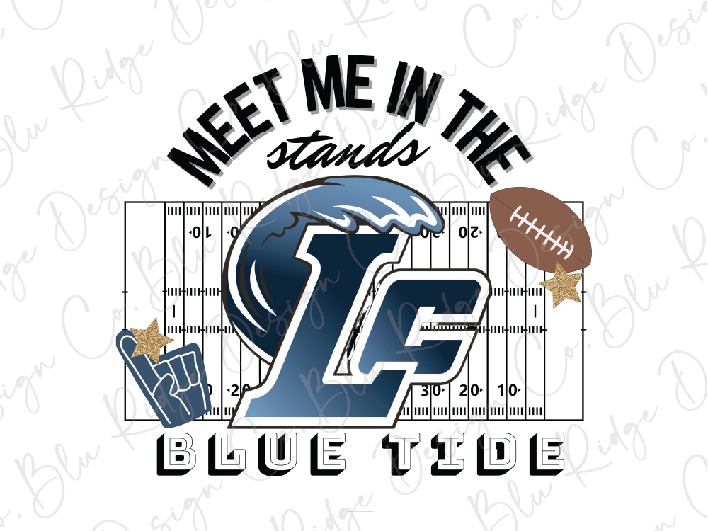 a football field with a football and a wave-like logo, along with the text "MEET ME IN THE STAND'S BLUE TIDE".
