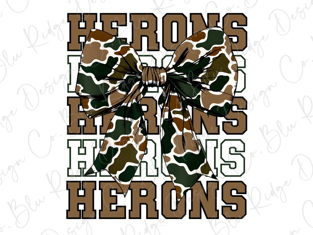 A camouflage-patterned bow tie with the word "HERONS" written in a stylized font below it.