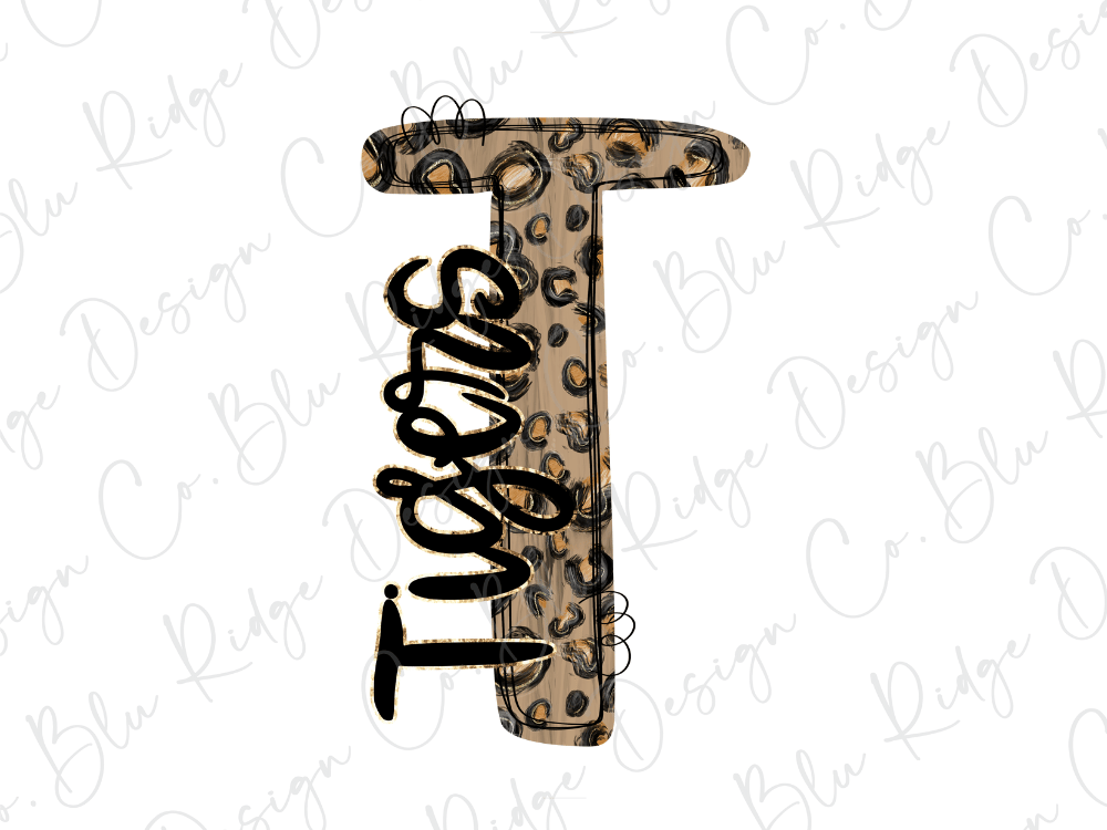 A stylized letter 'T' with a leopard print pattern, featuring the word "Tigers" written in cursive below it.