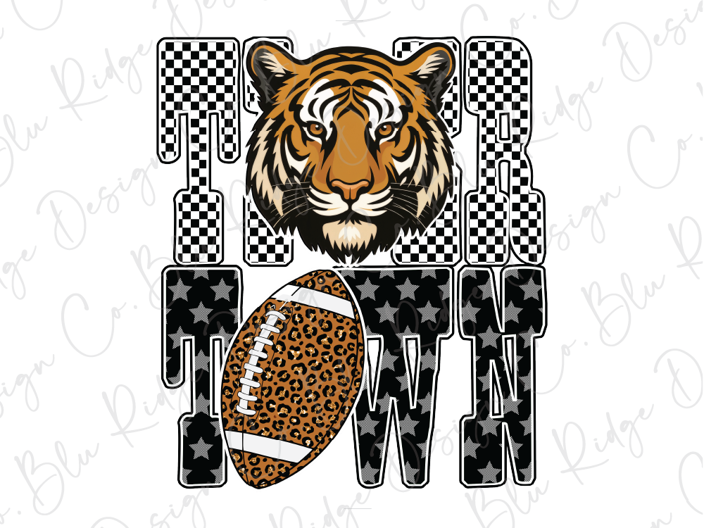 A tiger's head is prominently displayed in the center of the image, with the word "TIGER" written below it in a checkered pattern. A football is also present in the image, placed to the right of the tiger's head.