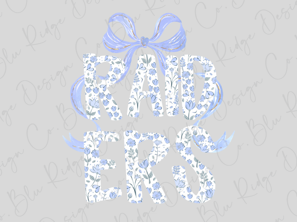 the word "RAIDERS" with a floral pattern and a blue ribbon bow.