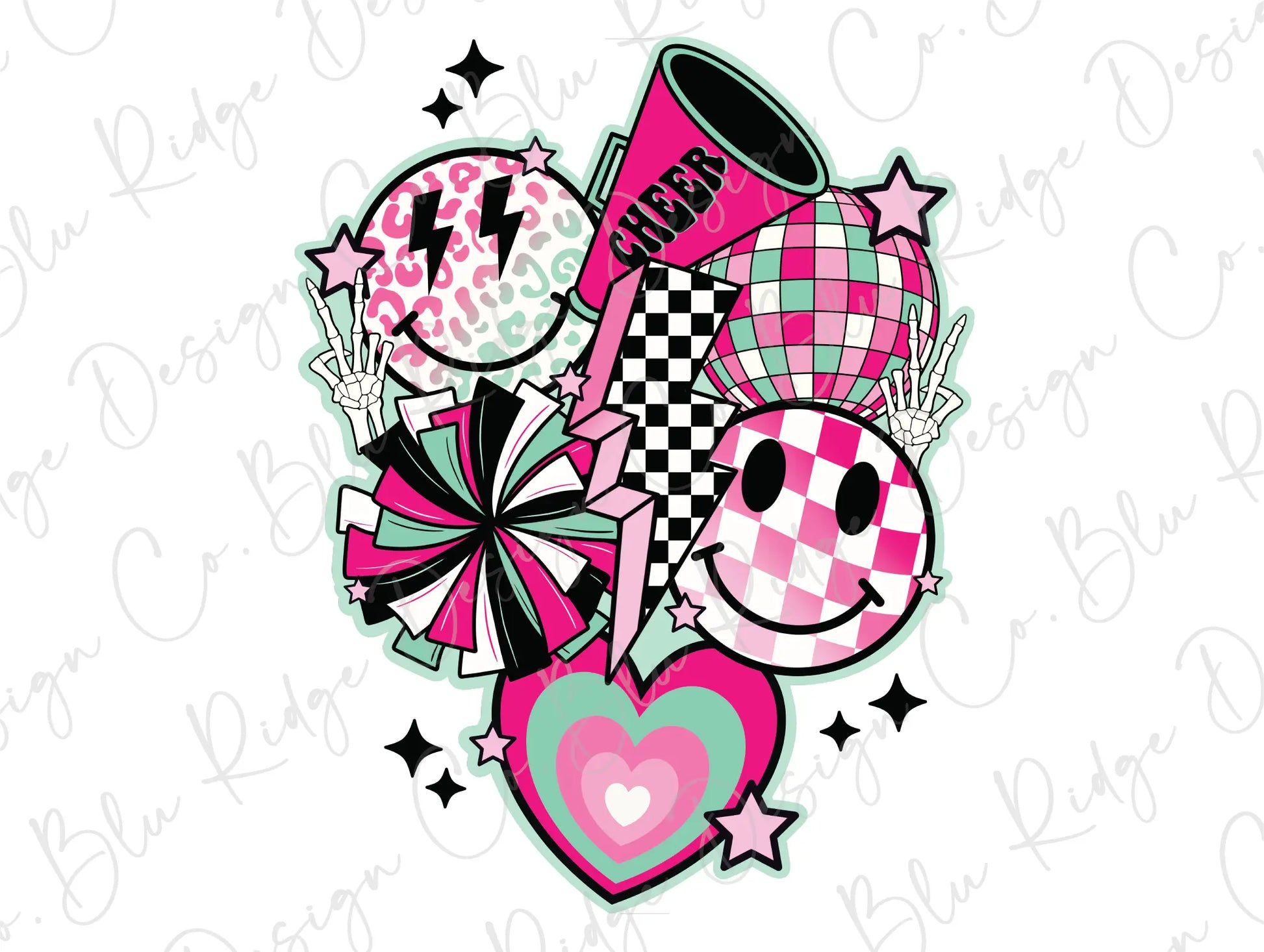 a pink and black heart surrounded by other items