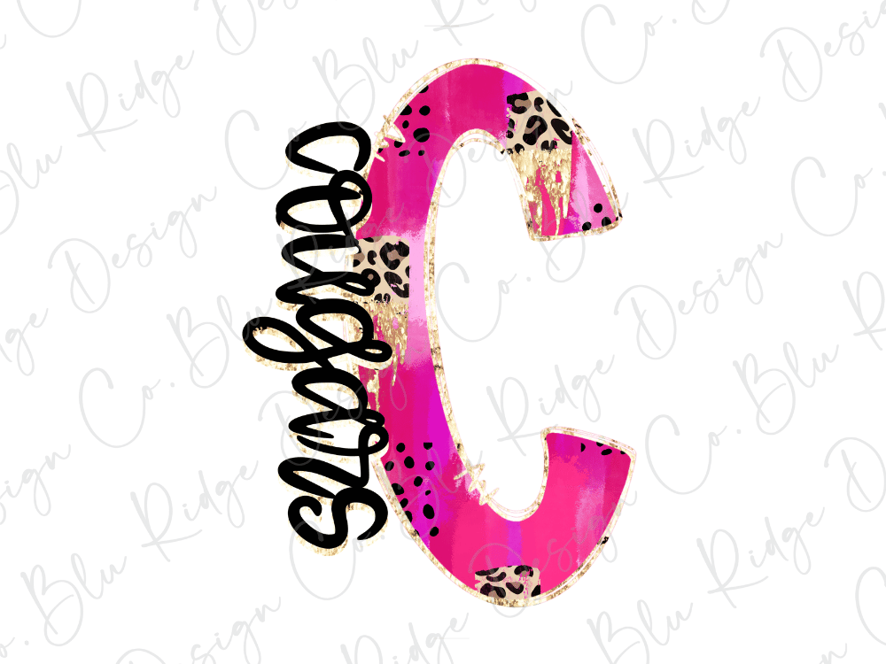 A pink and black cursive letter 'C' with a leopard print pattern, accompanied by the word "Cougars" written in a stylized font.