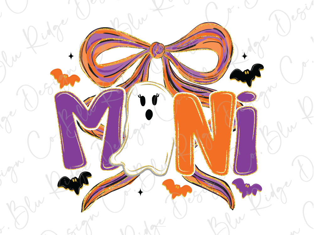 a Halloween-themed design with a ghost, a bow, and bats.