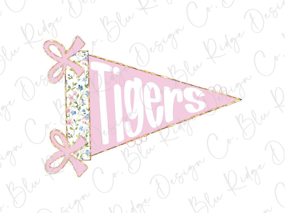 A pink triangular flag with the word "Tigers" written on it, along with two pink bows.