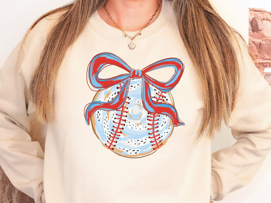 a woman wearing a sweatshirt with a bow on it