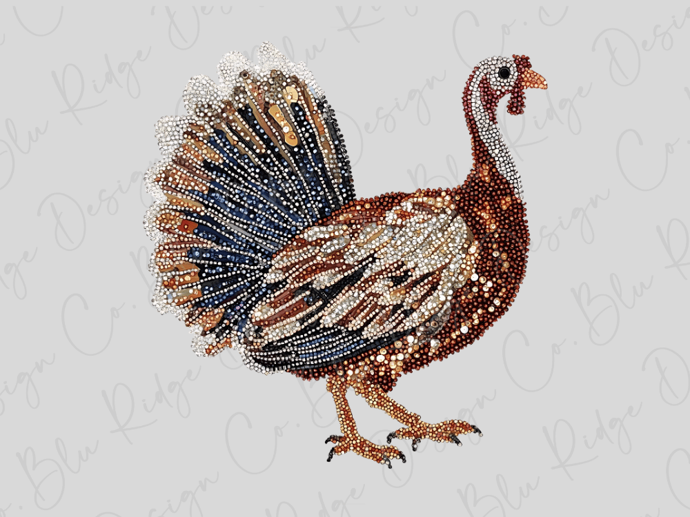 A detailed bead art illustration of a turkey, composed of numerous small beads in various colors and shapes, creating a realistic representation of the bird.